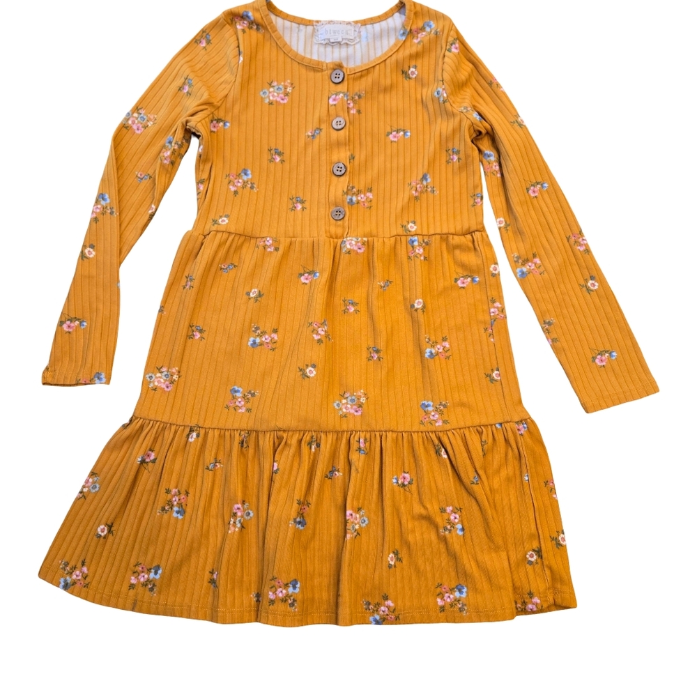 Btween Mustard Floral‎ Long-Sleeve Tiered Dress Size: 10